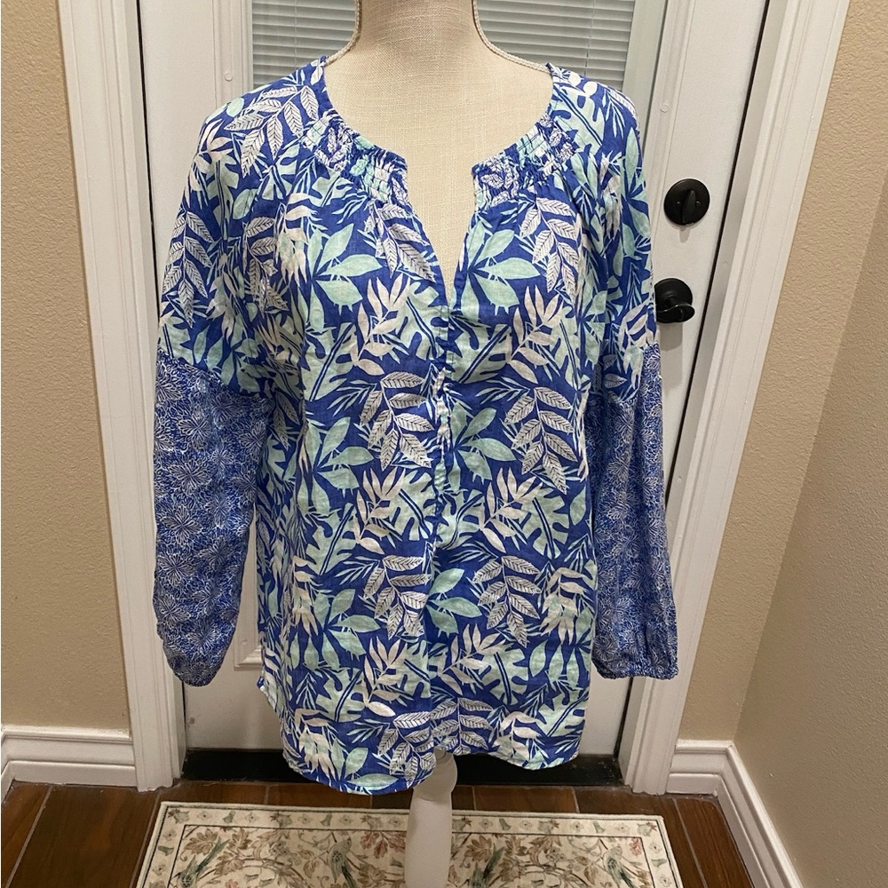 Sigrid Olsen Leaf Print Blouse in Blue and White